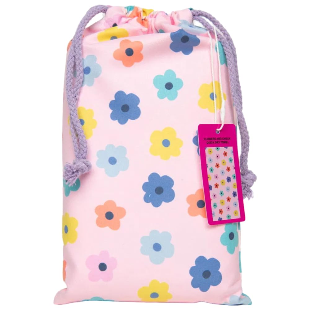 KATYDID Quick Dry Microfiber Beach Towel – 63” x 31” Towels, Cute Summer Vacation Designs – Sand Free, Lightweight, Bonus Drawstring Travel Bag (Flowers & Check) - Image 3