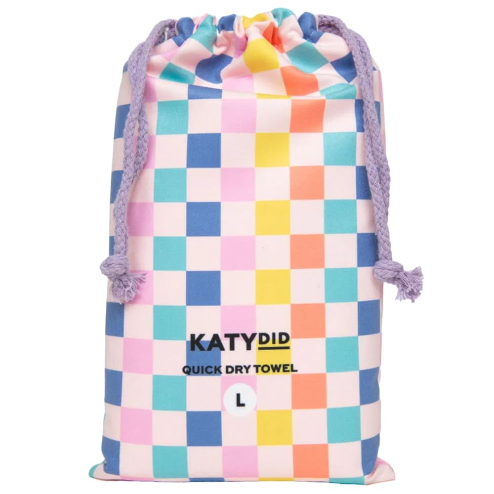 KATYDID Quick Dry Microfiber Beach Towel – 63” x 31” Towels, Cute Summer Vacation Designs – Sand Free, Lightweight, Bonus Drawstring Travel Bag (Flowers & Check) - Image 4